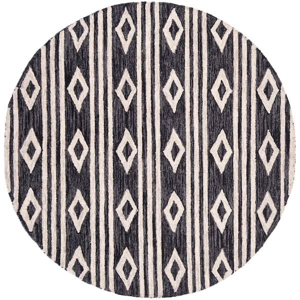 SAFAVIEH Micro-Loop Charcoal/Ivory 5 ft. x 5 ft. Striped Diamonds Round Area Rug