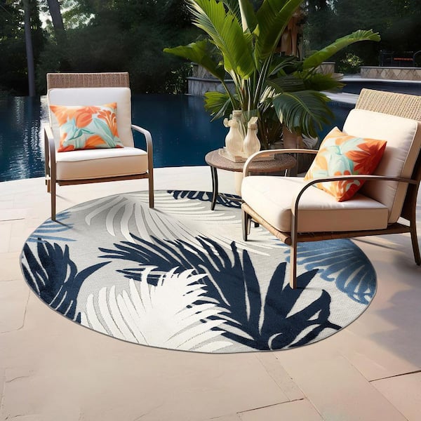 Contemporary Tropical Large Floral Navy 8 ft. ROUND Indoor/Outdoor Area Rug