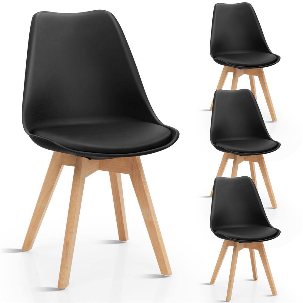 Set of 4 Black Upholstered Leather Side Chairs with Wood Legs