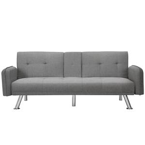 Light Gray Polyester Futon Sleeper Sofa Couch with Drop Down Middle Back