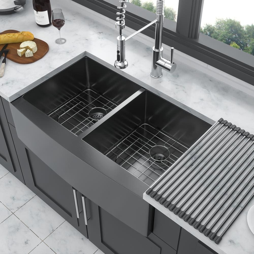 33 in. Farmhouse Double Bowl(50/50) 16-Gauge Gunmetal Black Stainless Steel Kitchen Sink with Bottom Grids price history on PriceWatchPro