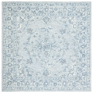Micro-Loop Light Blue/Ivory 7 ft. x 7 ft. Floral Border Square Area Rug