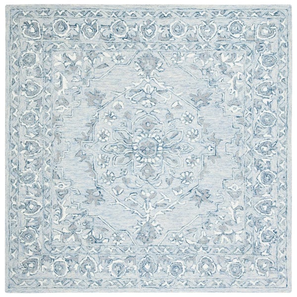 SAFAVIEH Micro-Loop Light Blue/Ivory 7 ft. x 7 ft. Floral Border Square Area Rug