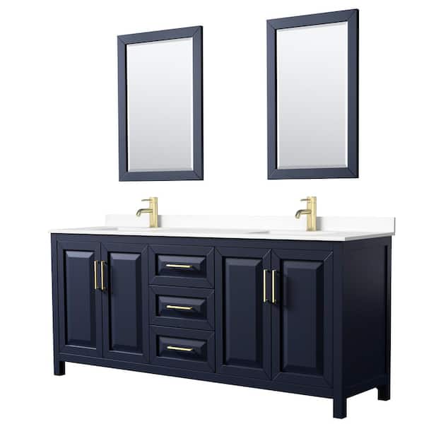 Wyndham Collection Daria 80in.Wx22 in.D Double Vanity in Dark Blue with Cultured Marble Vanity Top in White with Basins and Mirrors