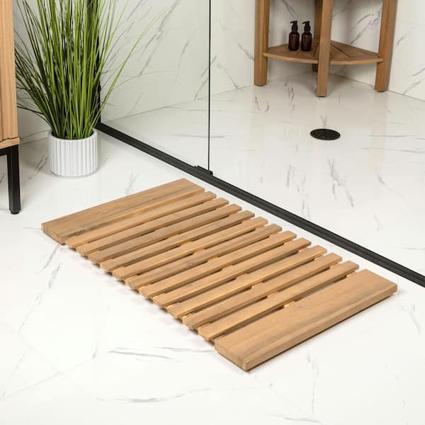 Paige 20 in. W x 32 in. L Brown Modern Classic Acacia Wood Slat Light Teak Indoor/Outdoor Shower Mat
