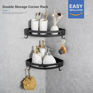 Double Layer Wall Mount and Screw Free Shower Caddy Mount with Hooks in Matte Black