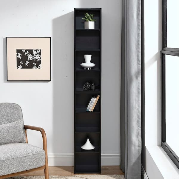 8-Shelf Walnut Media Storage Tower, Adjustable MDF Bookcase for CDs and DVDs and Books
