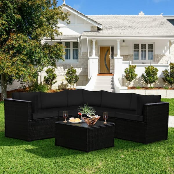 6-Piece Rattan Wicker Outdoor Patio Conversation Sectional Sofa Set with Black Cushions