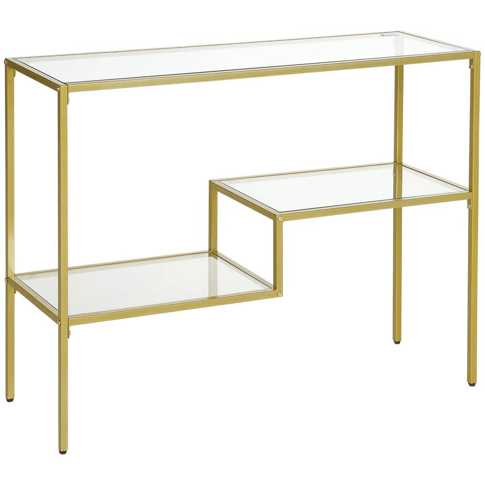 Gold Steel and Clear Glass Console Table with Storage Shelves