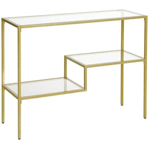 39 in. Gold Rectangle Tempered Glass Console Table with Shelves