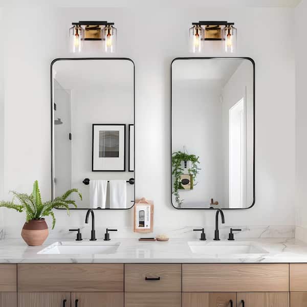 Modern 12 in. 2-Light Brass Gold Bathroom Wall Sconces, Seeded Glass Bath Lighting, Transitional Black Vanity Light