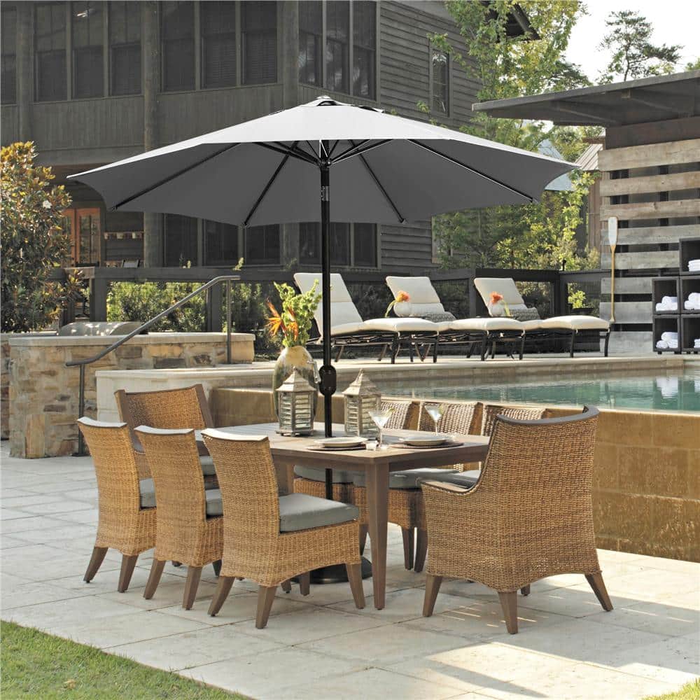 Gray 9 ft. Round Market Umbrella with Crank Lift and Push Button Tilt