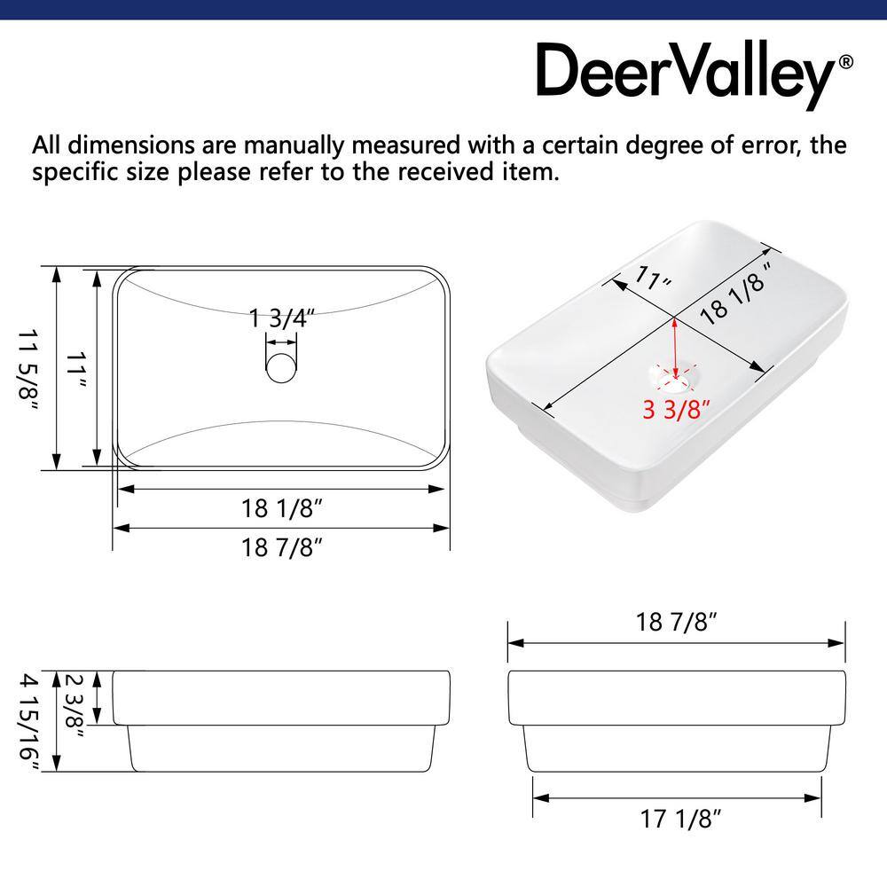 DeerValley 19'' White Ceramic Rectangular Above-Counter Vessel Sink