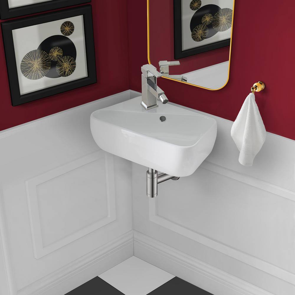 White Ceramic Wall-Mount Sink with Left Side Faucet