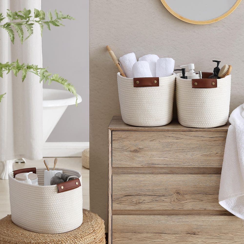 Cream Cotton Woven Round Storage Basket with Leather Handles