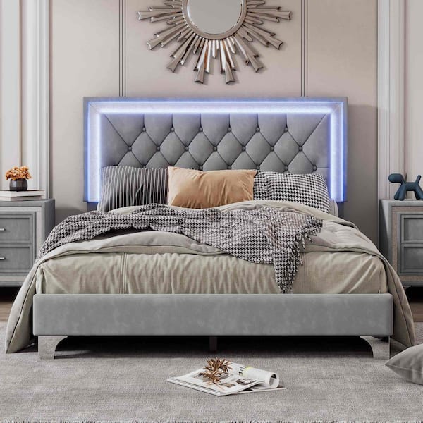 Gray Wood Frame Full Size Platform Bed with LED Lights, Tufted Headboard