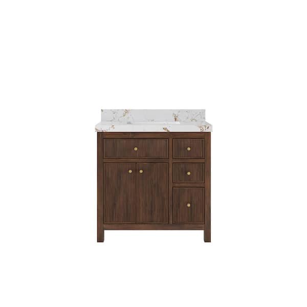 Willow Collections Sonoma Teak 36 in. Single Sink Freestanding Dark Walnut Bath Vanity with Viola Gold Quartz Top Unassembled