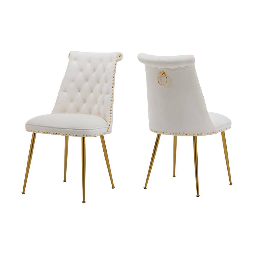 Beige Velvet Upholstered Side Chair with Gold Metal Legs