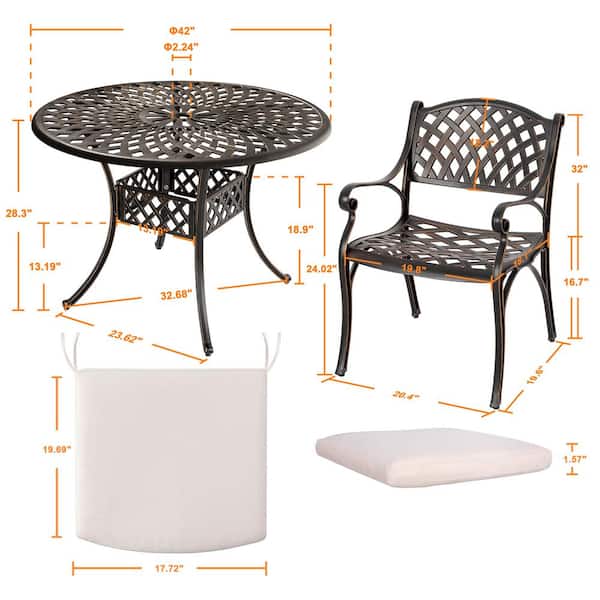 Antique Bronze 5-Piece Cast Aluminum Patio Dining Set Outdoor Bistro Conversation Set with Creamy White Cushion