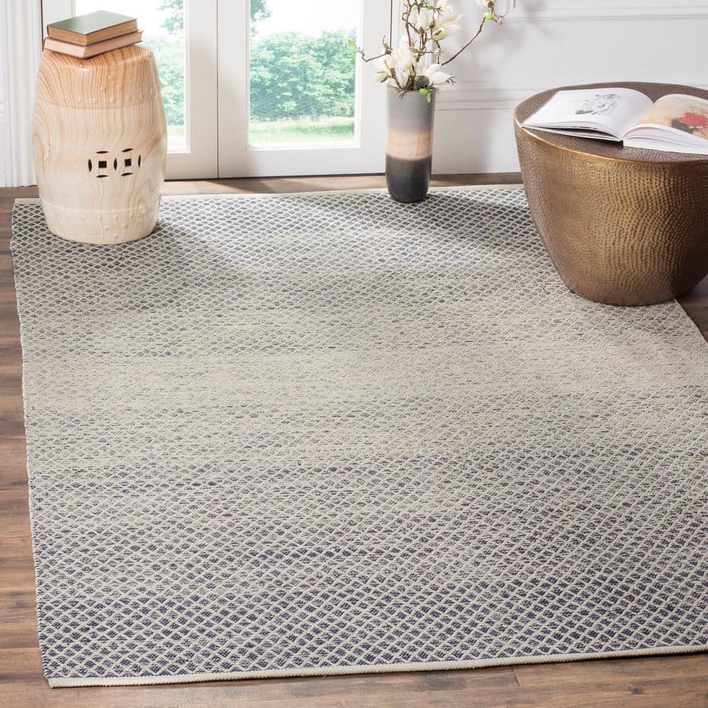 Navy and Ivory Cotton Flat Woven Handmade Area Rug 9' x 12'