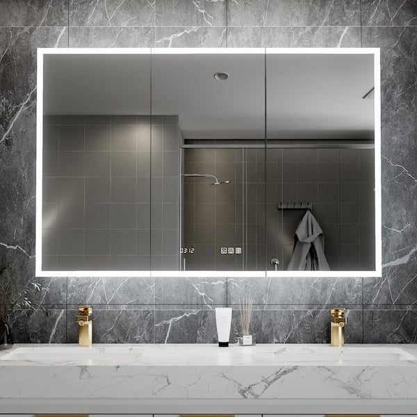 HHG 48 in. W x 32 in. H Rectangular Silver Aluminum Recessed/Surface Mount Medicine Cabinet with Mirror and LED