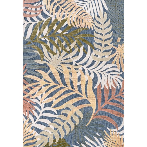 Tropics Palm Leaves Dark Blue/Multi 8 ft. x 10 ft. Indoor/Outdoor Area Rug