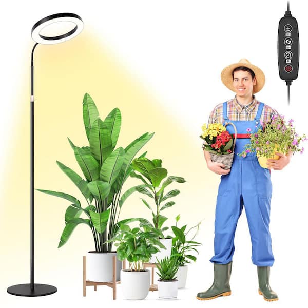 10.2 in. Black Full Spectrum Grow Light with Stand, 4-Level Dimmable Floor Lamp with Auto Timer, Adjustable Height