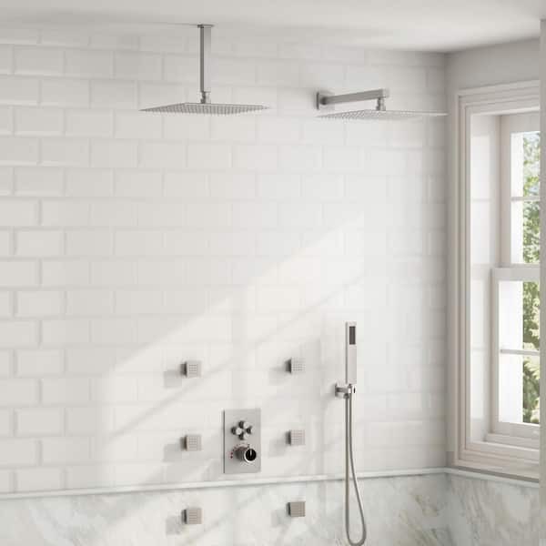 GRANDJOY His and Hers Showers 15-Spray Square 12 in. Multifunction Wall Bar Shower Kit in Brushed Nickel Valve Included