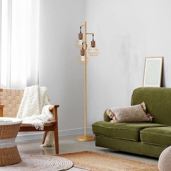WOXXX Industrial Tree Floor Lamp - 65" Tall, 3 Adjustable Arms With Bulbs, Rustic Gold