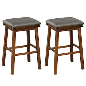 30 in. Brown Backless Wood Bar Stool with Faux Leather Seat (Set of 2)