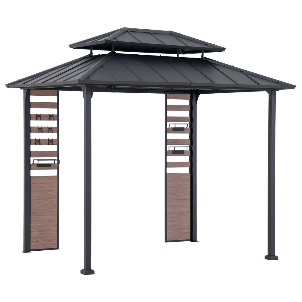 Matte Black 7 x 9 ft. 2-Tier Hardtop Grill Gazebo with Storage Shelves