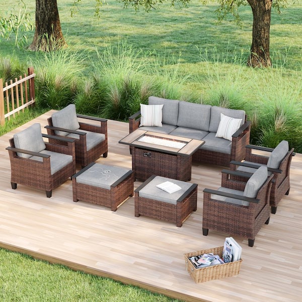 Sonkuki 8 Pieces Brown Wicker Linen Grey Cushion Patio Conversation Set with Rectangle Firepit Table and Ottomans