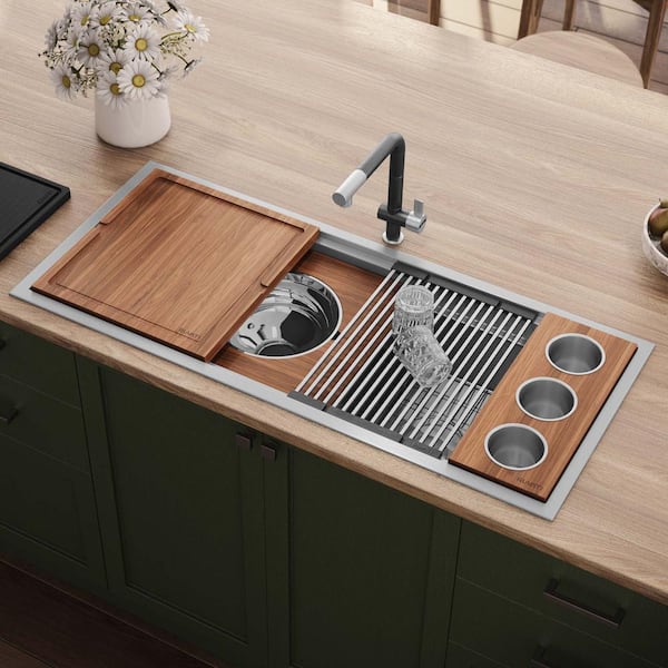 Dual Tier 45 in. Drop-in Single Bowl 16-Gauge Stainless Steel Two-Tiered Workstation Kitchen Sink with Accessories