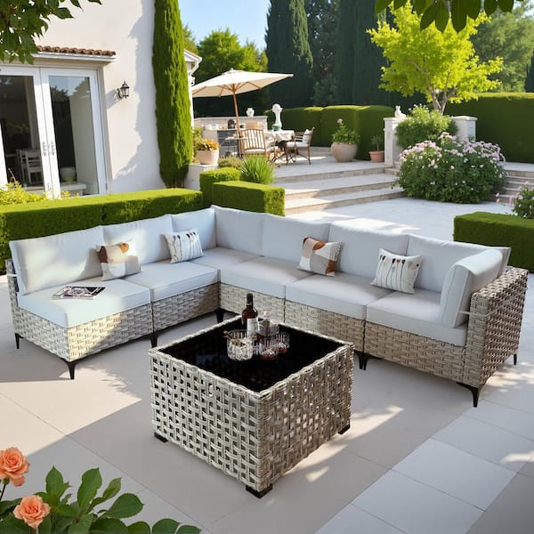OVIOS Supery Gray 7-Piece Wicker Patio Conversation Seating Set with Gray Cushions and Coffee Table