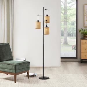 68.9 in. Black 3-Light Tree Floor Lamp with Hand Woven Shade