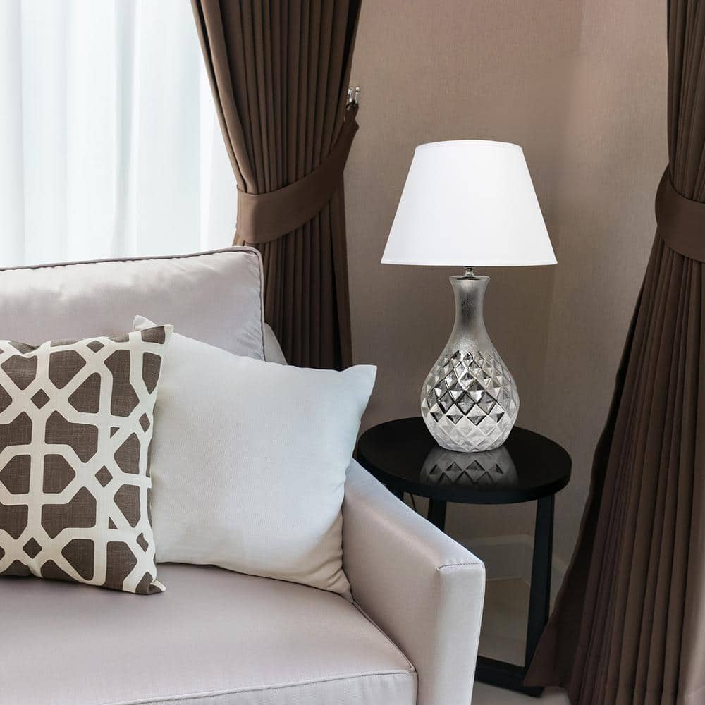 Juliet Metallic Silver Ceramic Nightstand Lamp with White Fabric Shade