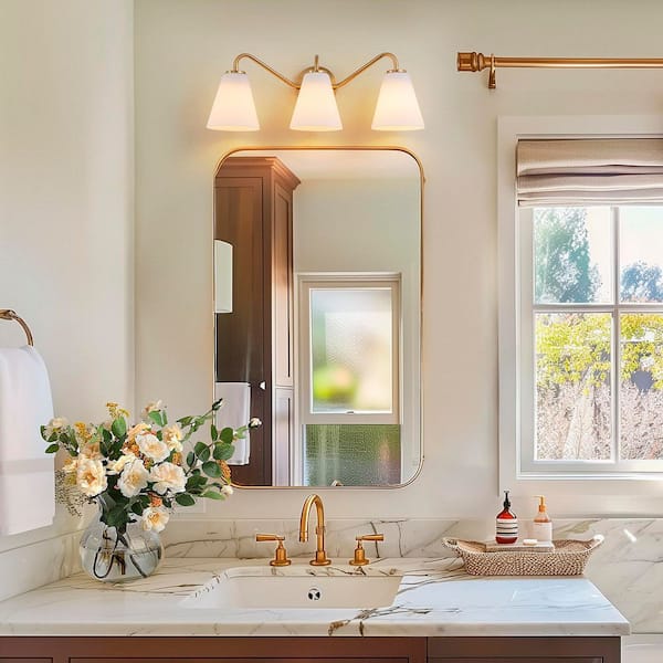 Aria 23.4 in. 3-Light Gold Frosted Glass Vanity Light with Cone Shades for Bathroom