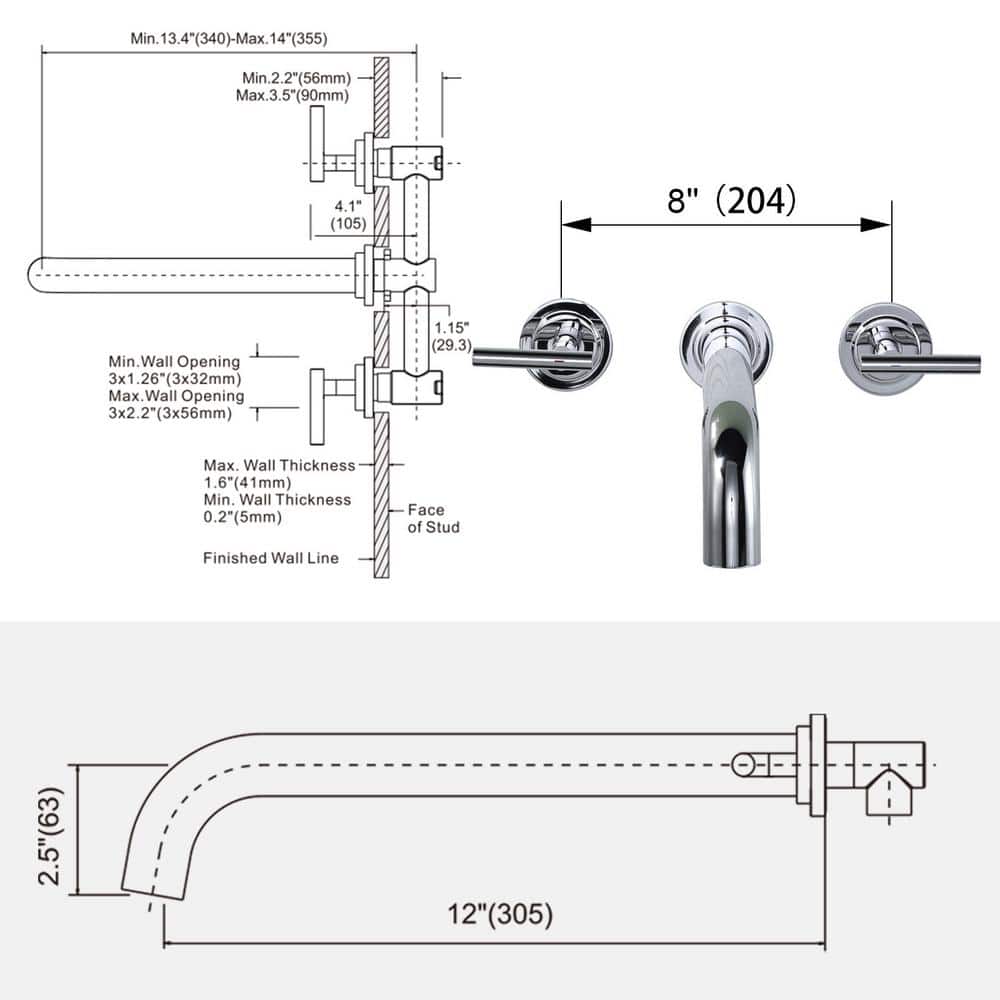 Chrome Double Handle Wall Mounted Roman Tub Faucet