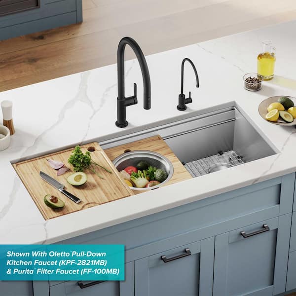 Kore 45 in. Undermount Single Bowl Stainless Steel Kitchen Workstation Sink with 2-Tier Integrated Ledge and Accessories