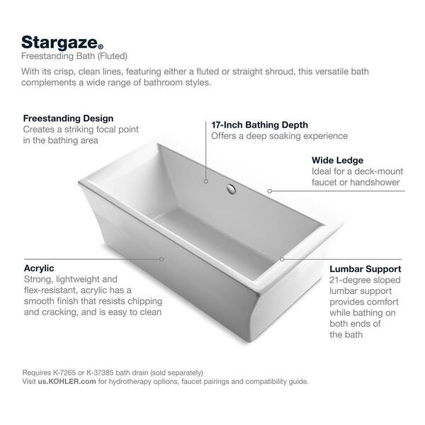 KOHLER Stargaze 72 in. x 36 in. Soaking Bathtub with Center Drain in White, Bask Straight