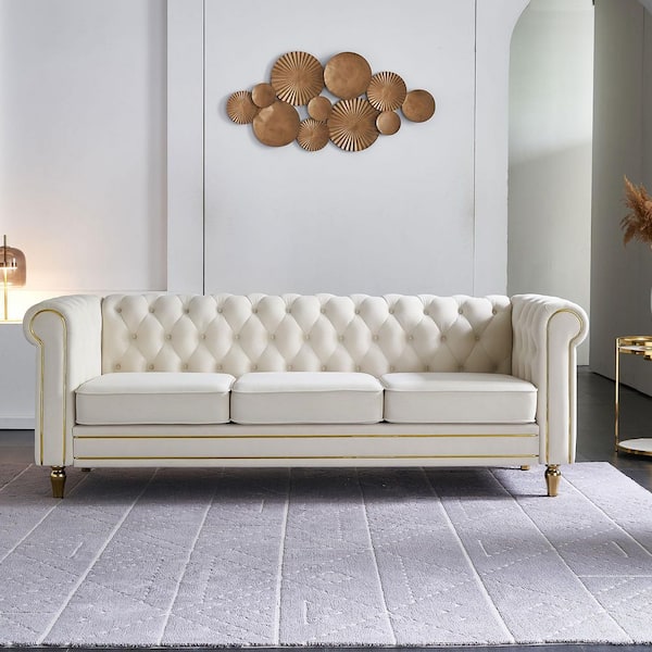 Ingrid Modern 84.65 in. Rolled Arm Velvet Upholstery Rectangle Sofa in Beige with Tufted Back, 2 Pillows,Gold Strip Trim