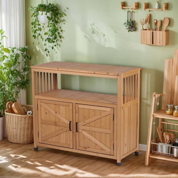 Light Brown Solid Wood Outdoor Bar Table with Storage Cabinet