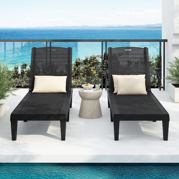 Black Outdoor Chaise Lounge Set of 2, Resin Pool Lounge Chairs with Adjustable Backrest (No Pillows)