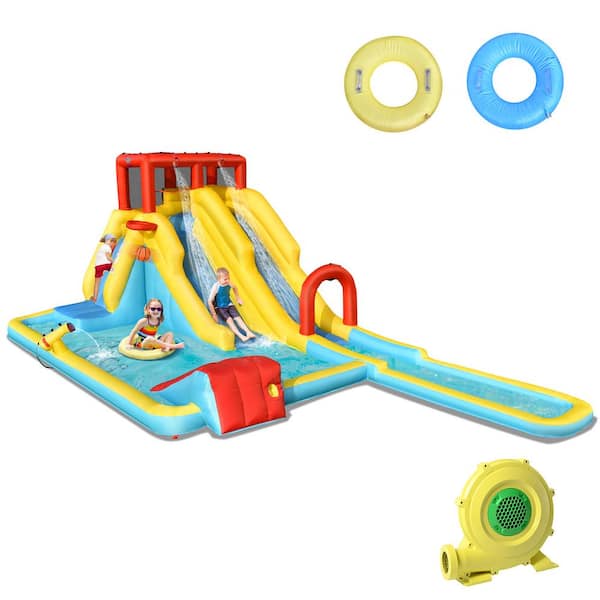 Inflatable Dual Slide Water Park Climbing Bouncer Bounce House with 735-Watt Blower