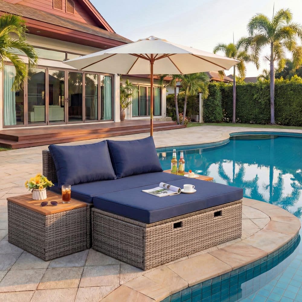 Wicker Outdoor Day Bed with Removable Storage Cabine and Bedside Cabinetst, Blue Cushions price history on PriceWatchPro