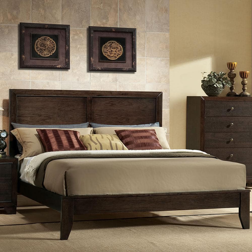 Espresso Queen Wood Panel Bed with Upholstered Headboard