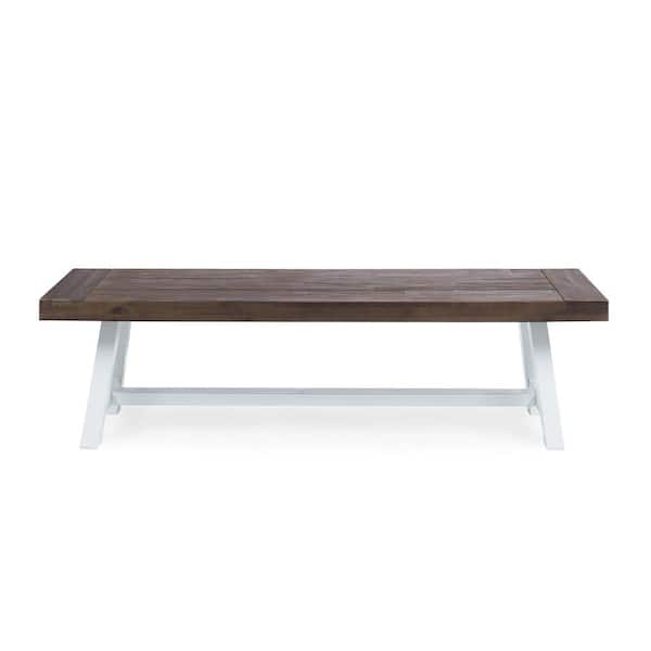 Noble House Carlisle Dark Brown Wood and White Metal Outdoor Dining Bench