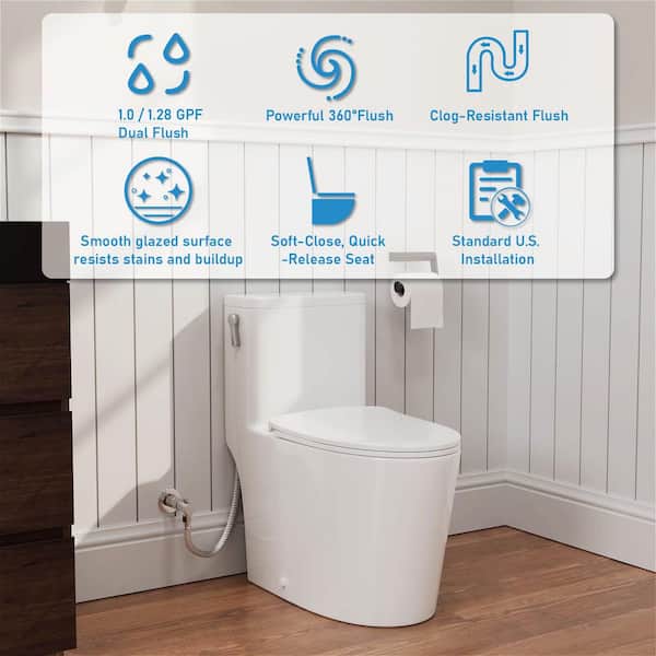 1-Piece 1.0/1.28 GPF High Efficiency Left Side Dual Flush Handle Elongated Toilet in Gloss White Soft-Close Seat