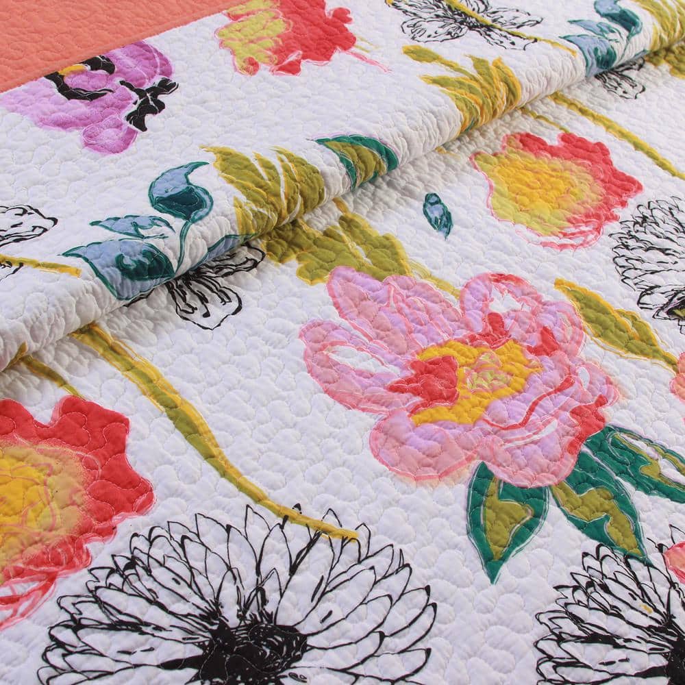 King White Cotton Reversible Floral Quilt Set