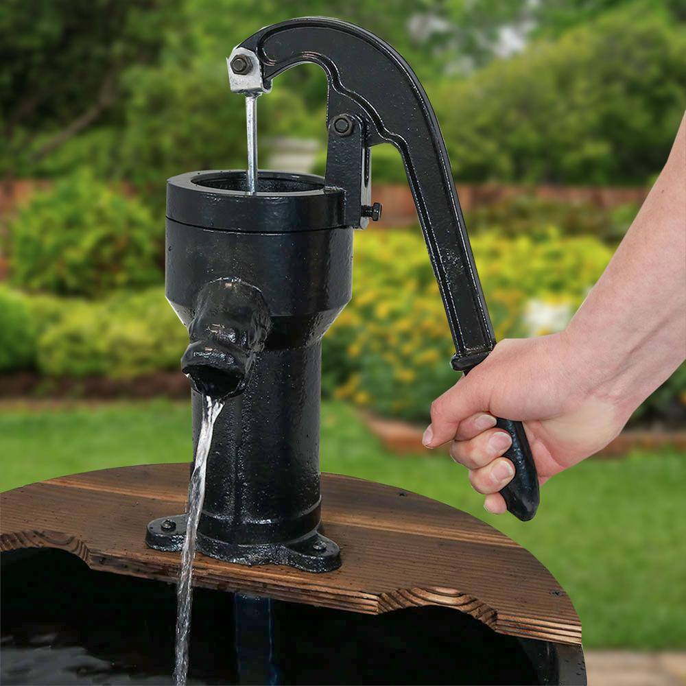 34" Rustic Fir Wood 2-Tier Barrel Water Fountain with Metal Hand Pump
